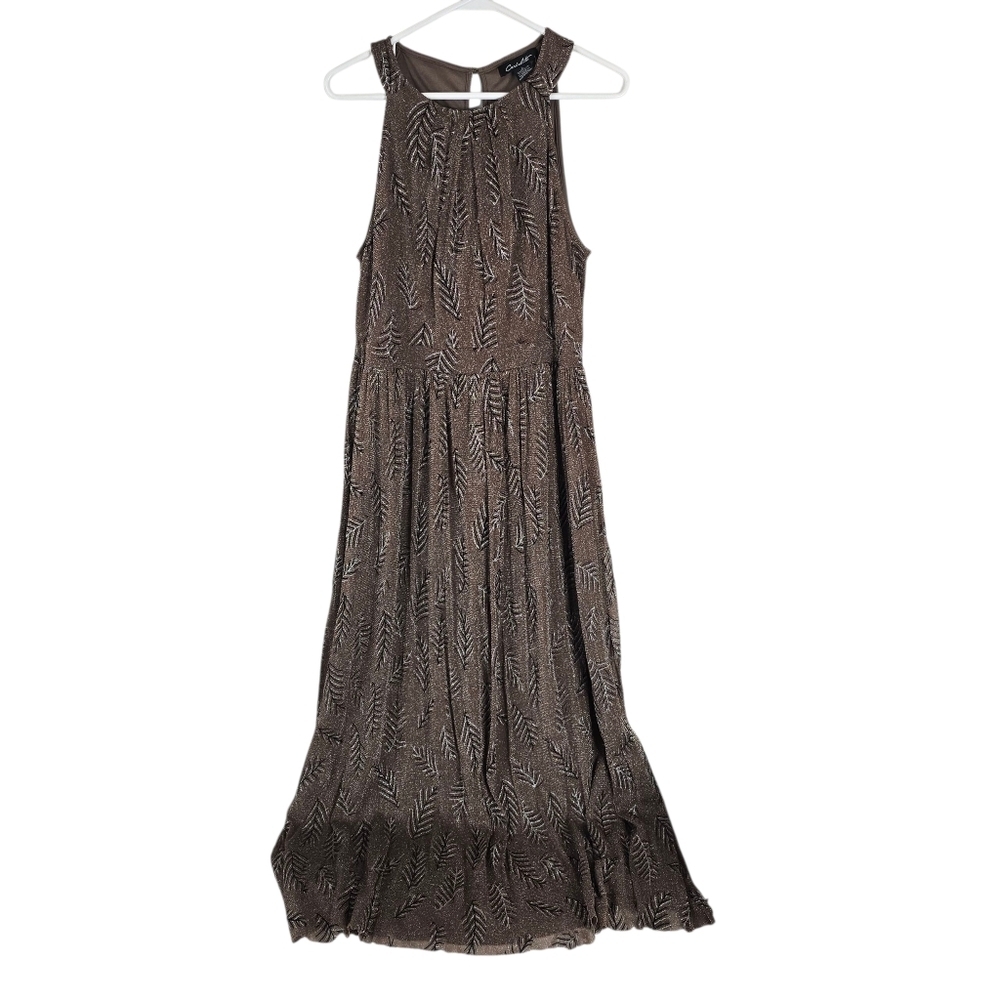 Candalite Brown Silver Metallic Floral Print High Neck Formal Maxi Dress Size L